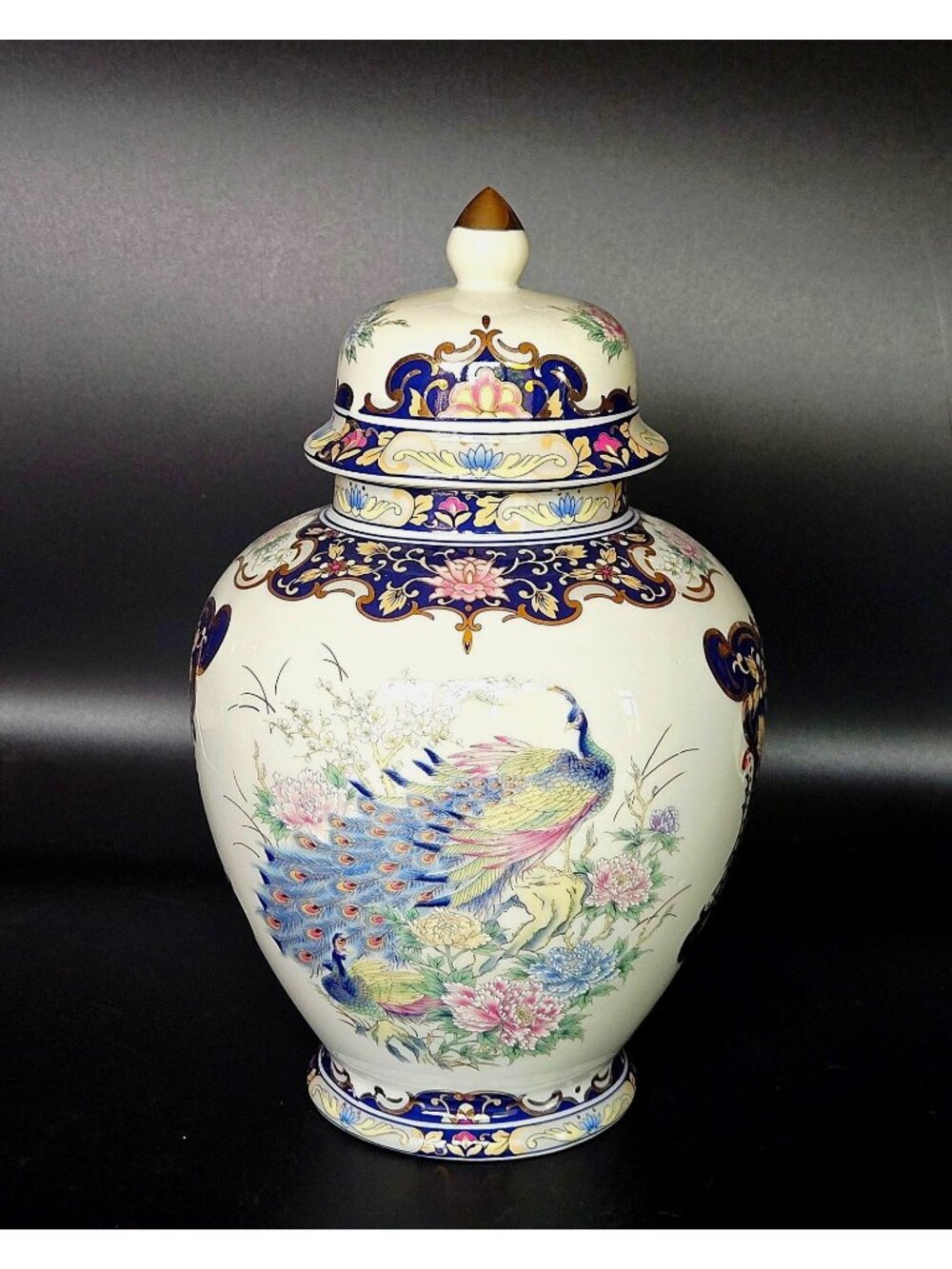 Hand-Painted Ceramic Ginger jar, Vase With Peacock & Floral Design Blue & Gold A